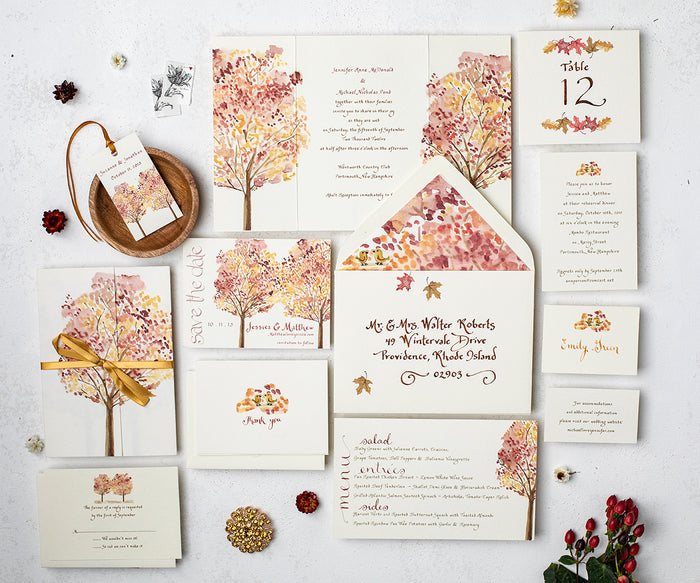 fancy autumn trees wedding invitation