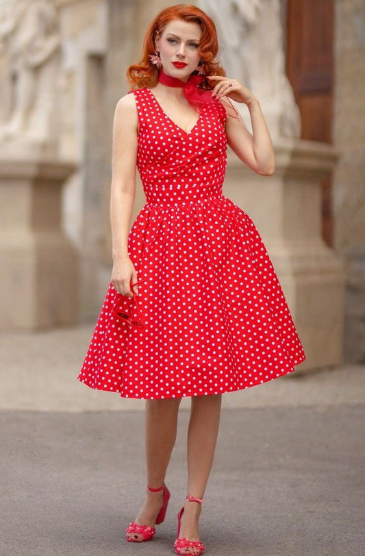 May Crossover Bust Red Polka Dots Swing Dress