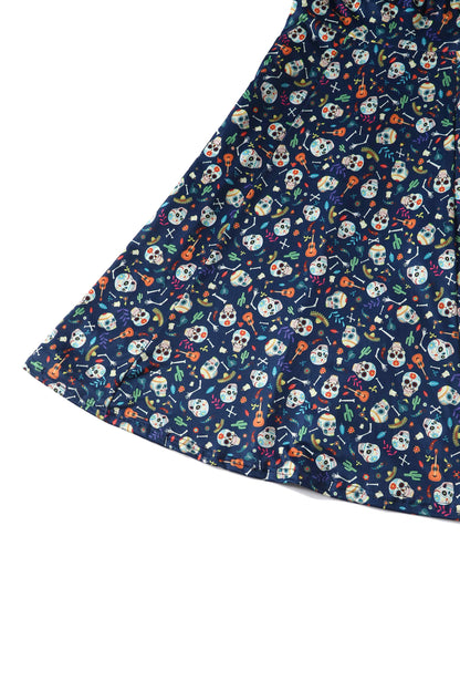 Claudia Navy Blue Dress with Day of the Dead Sugar Skulls