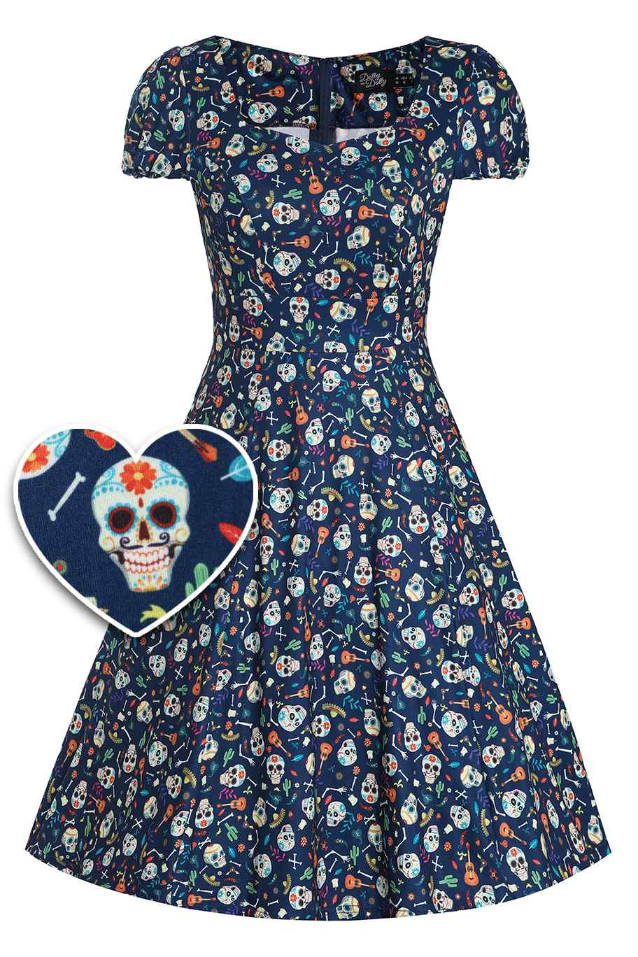 Claudia Navy Blue Dress with Day of the Dead Sugar Skulls