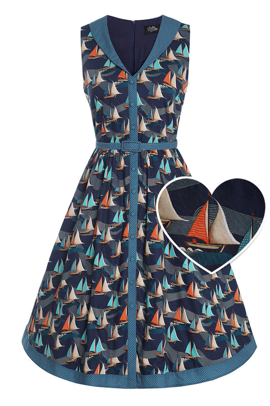Maverick Fifties Navy Blue Sailboat Shirt Dress