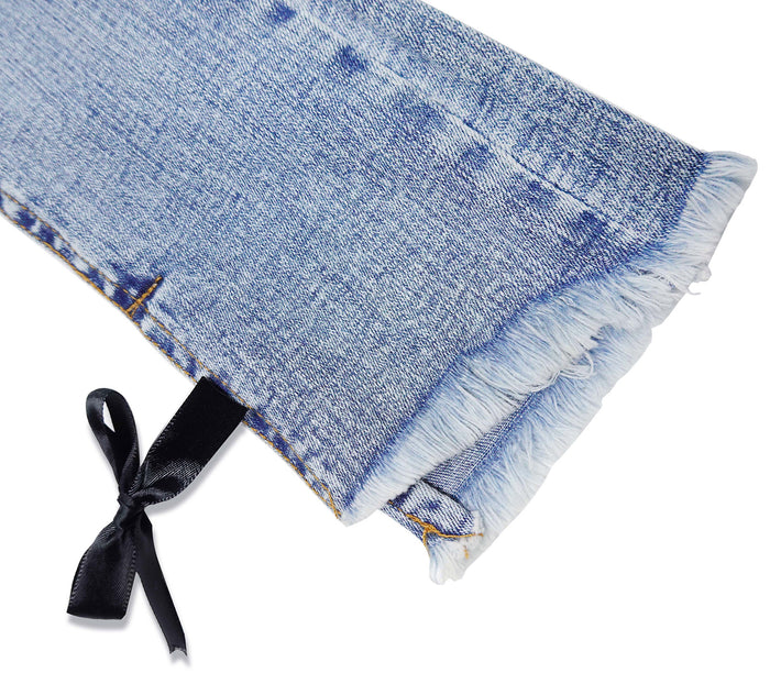 Girl Jeans,Raw Edge Ankle Hem Bowknot Decor Denim Pants