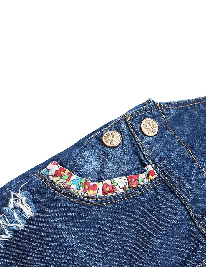 Kidscool Space Baby & Little Girls Big Bib Pocket Floral Butterfly Embroidered Ripped Denim Overalls - Kidscool Space