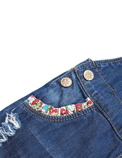 Kidscool Space Baby & Little Girls Big Bib Pocket Floral Butterfly Embroidered Ripped Denim Overalls - Kidscool Space