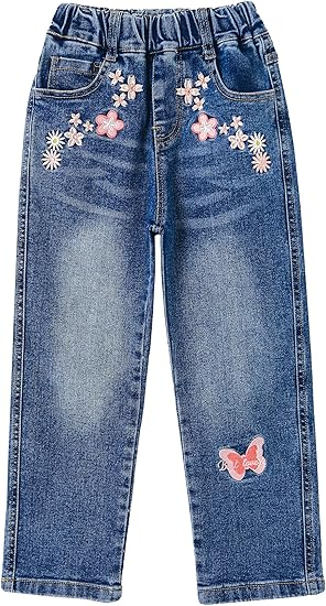 Girls Butterfly Grass Embroidered Slim Jeans Floral Pants