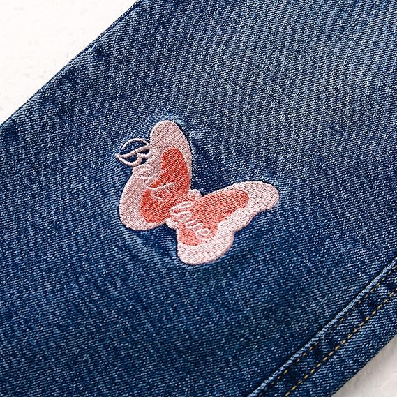 Girls Butterfly Grass Embroidered Slim Jeans Floral Pants