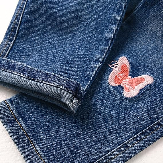 Girls Butterfly Grass Embroidered Slim Jeans Floral Pants