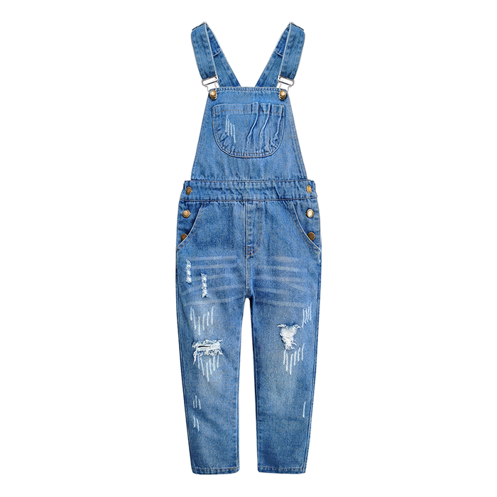 Girls Denim Ripped Overalls Washed Distressed Jeans Pants