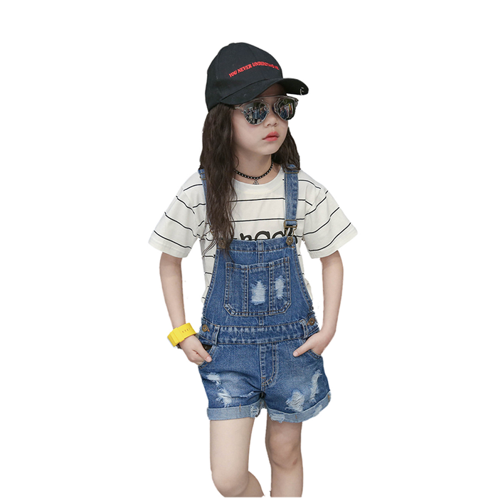 Girls Jeans Overalls Ripped Denim Shortalls