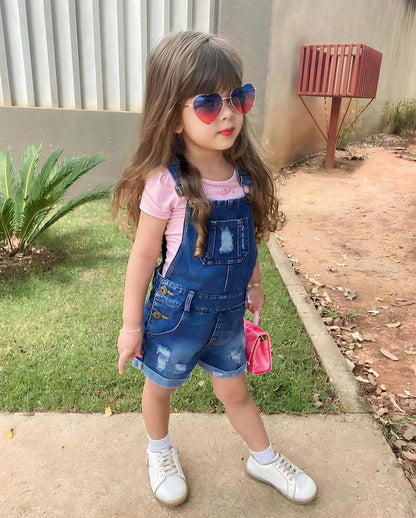 Girls Jeans Overalls Ripped Denim Shortalls