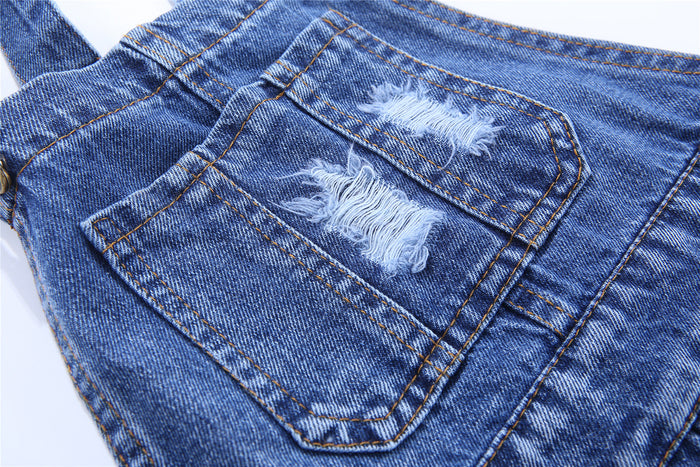 Girls Jeans Overalls Ripped Denim Shortalls