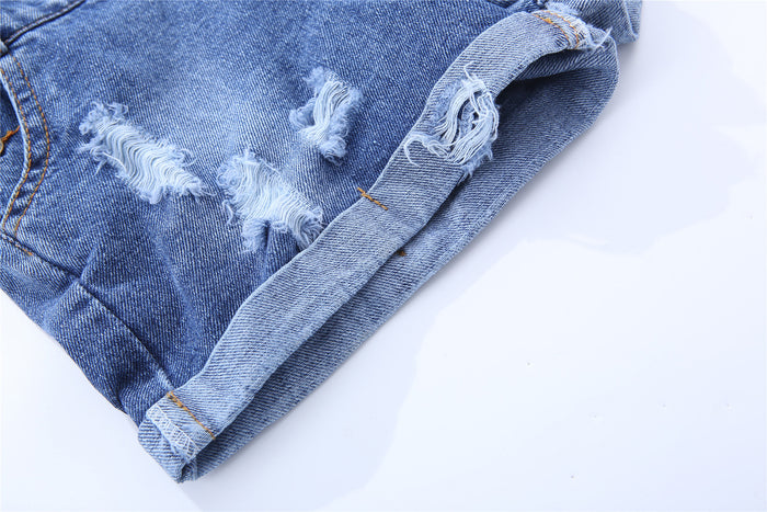Girls Jeans Overalls Ripped Denim Shortalls