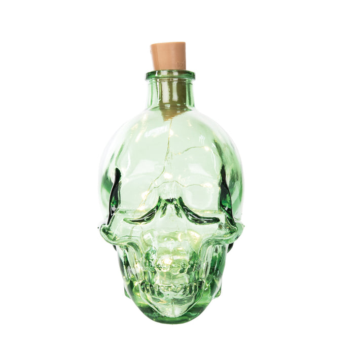 A Green Glass Skull LED Bottle.