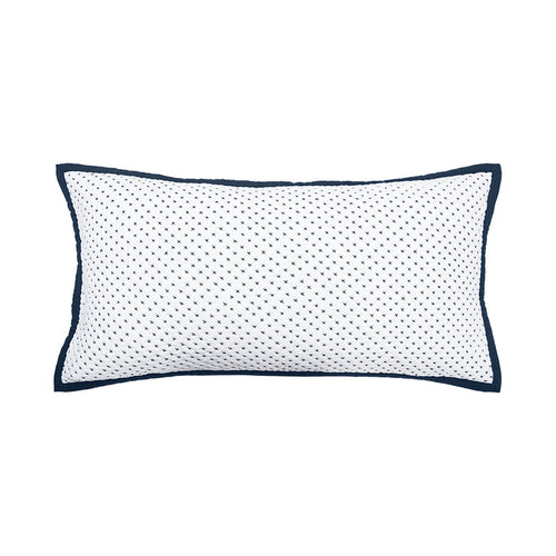 A king-sized pillow sham with a white base and Navy blue cross-stitch pattern.