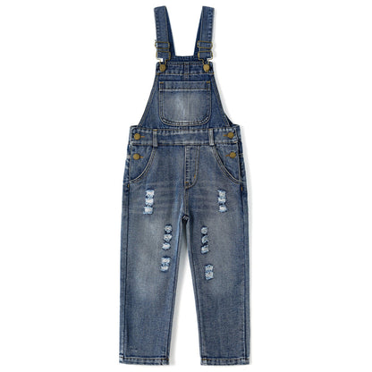 Kids Pocket Stone Washed Ripped Denim Overalls