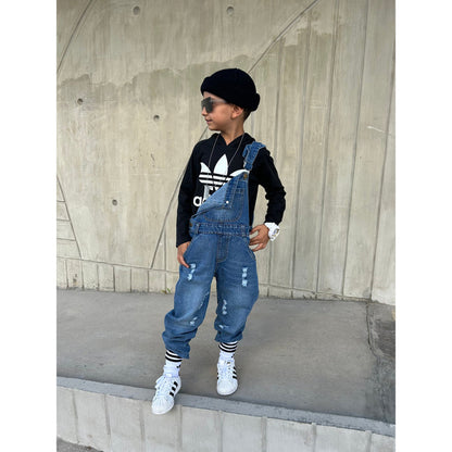 Kids Pocket Stone Washed Ripped Denim Overalls