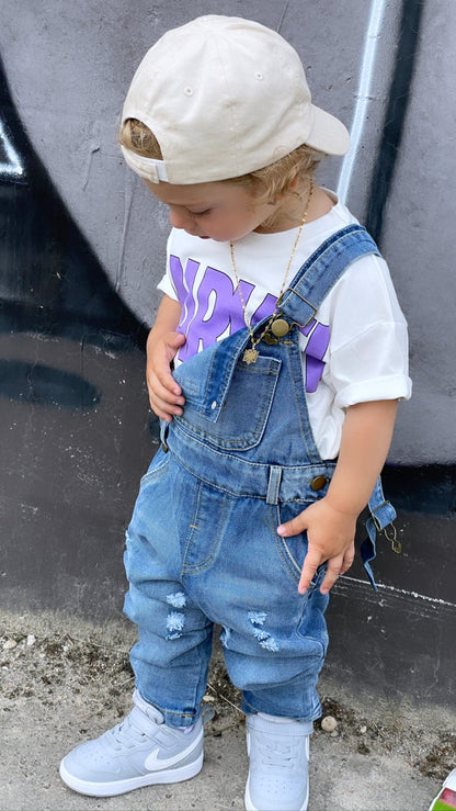 Kids Pocket Stone Washed Ripped Denim Overalls