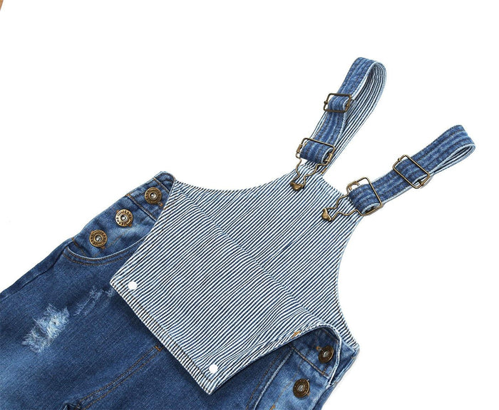 Kidscool Space Baby & Little Kids 3 Side Buttons Striped Lining Ripped Fashion Jeans Overalls - Kidscool Space