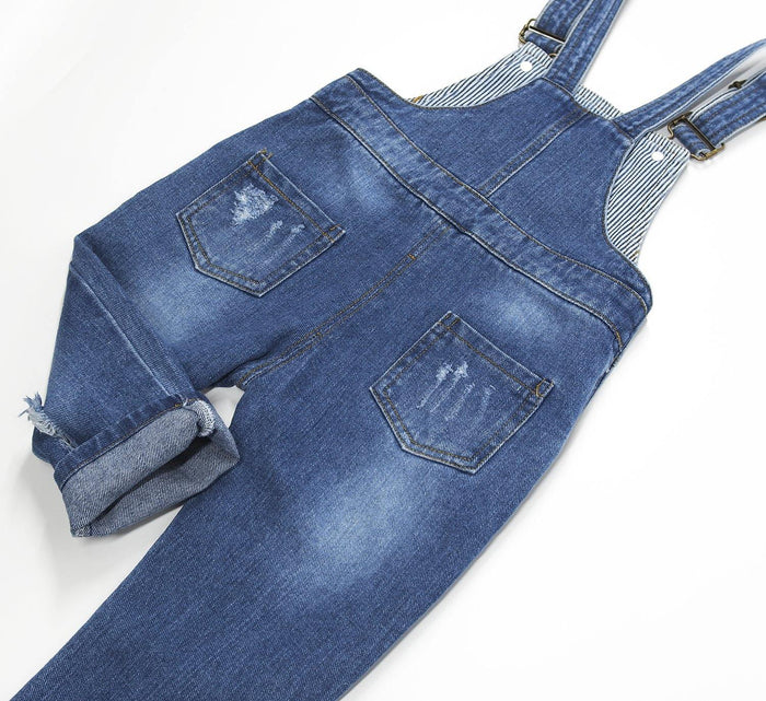 Kidscool Space Baby & Little Kids 3 Side Buttons Striped Lining Ripped Fashion Jeans Overalls - Kidscool Space