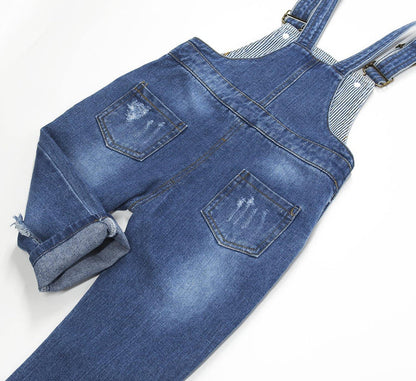 Kidscool Space Baby & Little Kids 3 Side Buttons Striped Lining Ripped Fashion Jeans Overalls - Kidscool Space