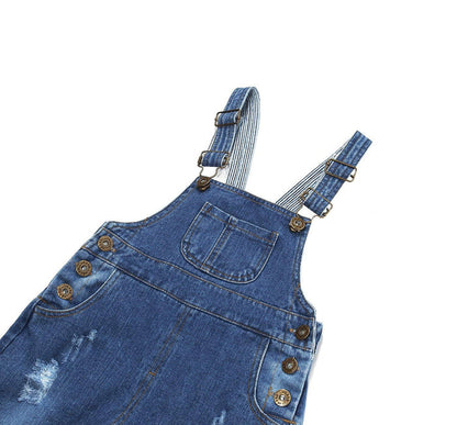 Kidscool Space Baby & Little Kids 3 Side Buttons Striped Lining Ripped Fashion Jeans Overalls - Kidscool Space