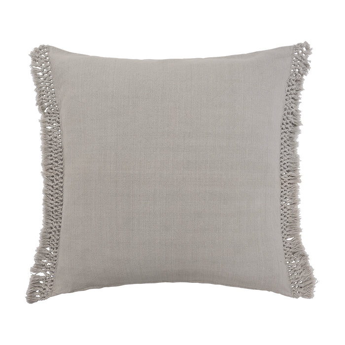 A gray Euro sham with a hand-knotted triple trellis fringe detail.
