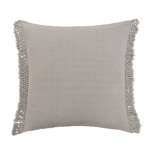 A gray Euro sham with a hand-knotted triple trellis fringe detail.