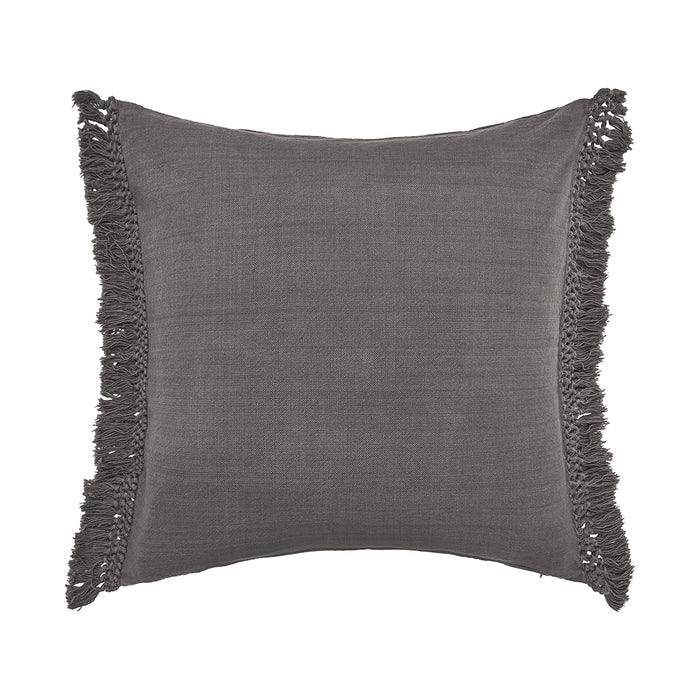 A dark gray Euro sham with a hand-knotted triple trellis fringe detail.