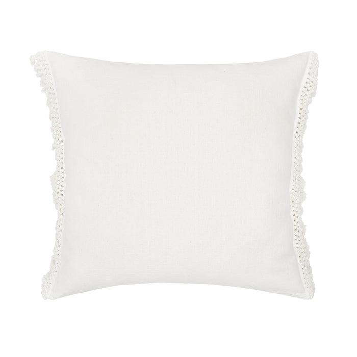 A white Euro sham with a hand-knotted triple trellis fringe detail.