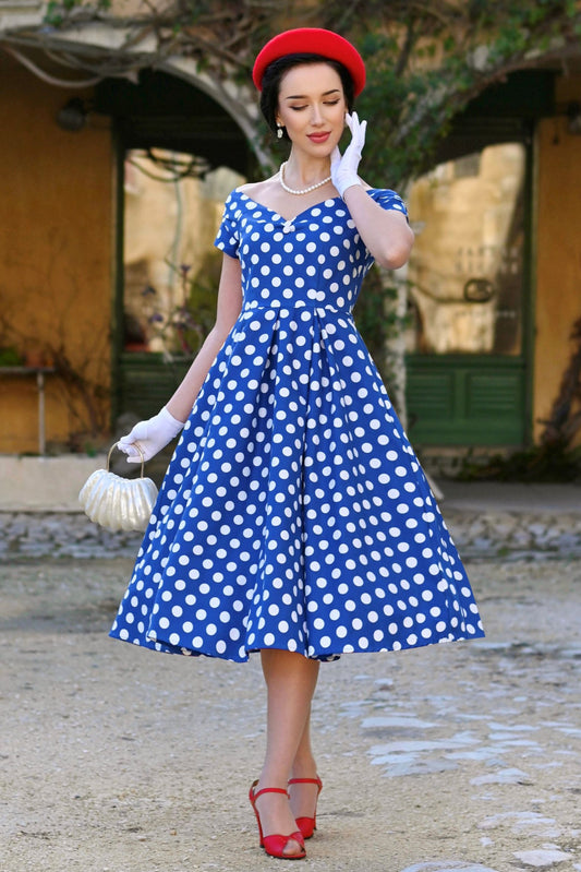 Lily Navy Blue Polka Dot Off Shoulder Dress
