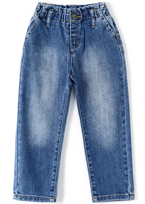 Little Girls Ruffled Elastic Waist Diagonal Pocket Denim Pants