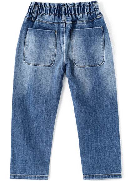 Little Girls Ruffled Elastic Waist Diagonal Pocket Denim Pants