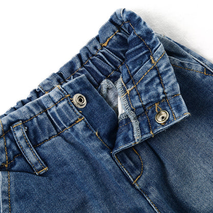Little Girls Ruffled Elastic Waist Diagonal Pocket Denim Pants
