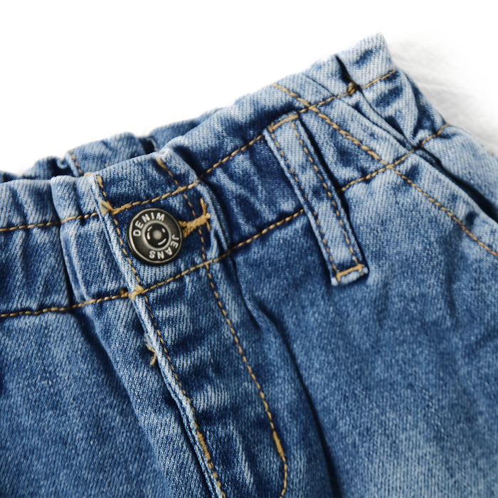 Little Girls Ruffled Elastic Waist Diagonal Pocket Denim Pants