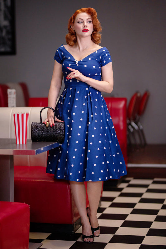 Lily Navy Blue Polka Dot Off Shoulder Circle Dress