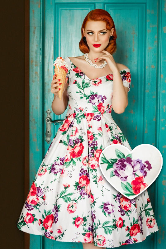 Lily Off Shoulder 50s Pleated Dress in White/Pink Floral