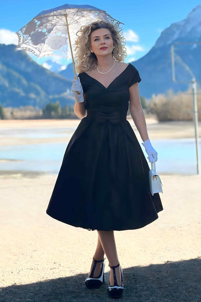 Lily Off Shoulder Black Swing Dress