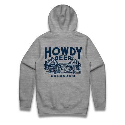 Gray hoodie with 'Howdy Beer Colorado' graphic on the back against a white background