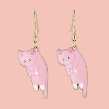 Pink & White Cat Earrings (Gold Plated)