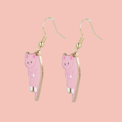 Pink & White Cat Earrings (Gold Plated)