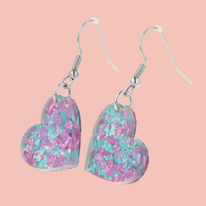 Pink & Blue Confetti Heart Earrings