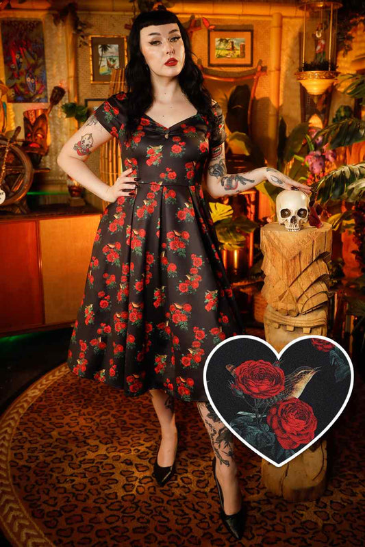 Lily Red Rose & Bird Off Shoulder Dress In Black