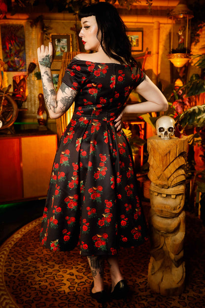 Lily Red Rose & Bird Off Shoulder Dress In Black