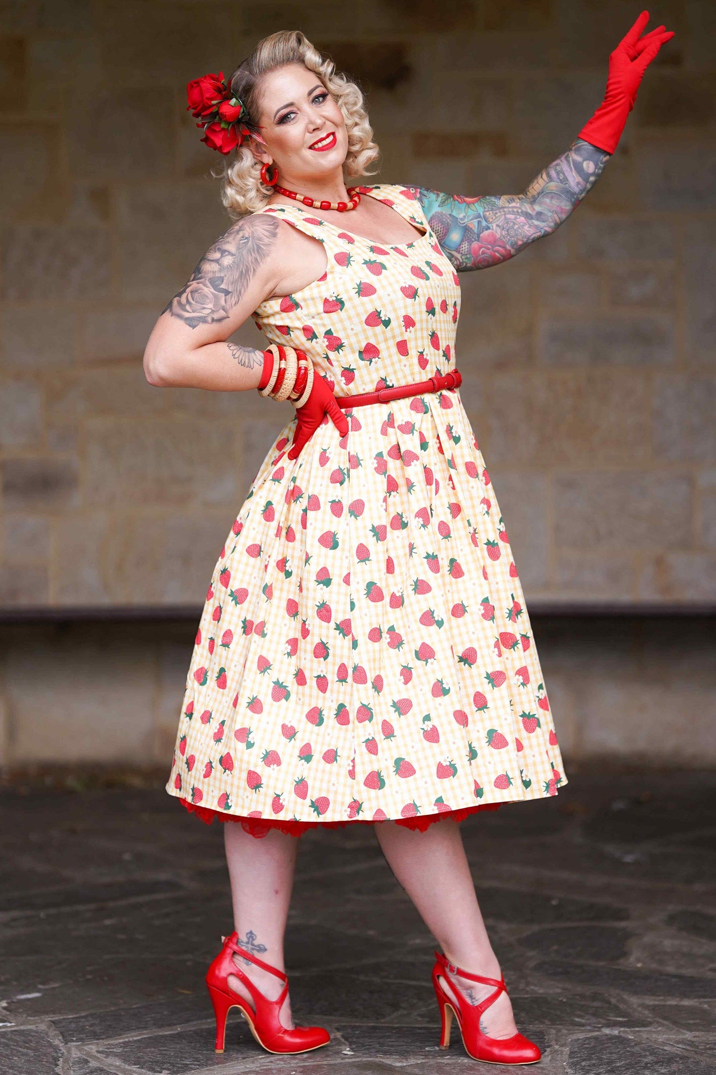 Amanda Strawberry Yellow Gingham Flared Dress