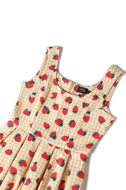 Amanda Strawberry Yellow Gingham Flared Dress