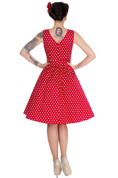 May V-neck 50s Style Swing Dress in Red Polka
