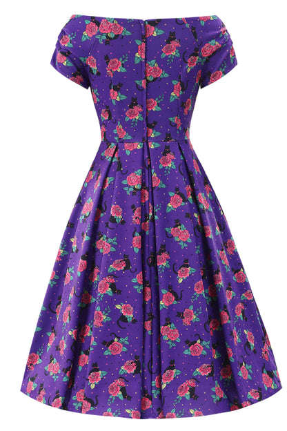Lily Vintage Cat & Rose Off Shoulder Dress In Purple