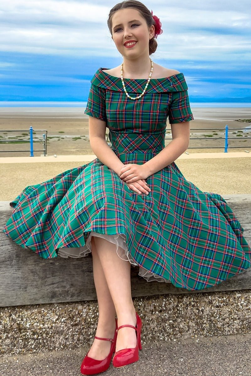 Darlene Vintage Swing Dress in Dark Green Plaid Print