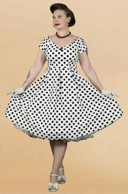 Lily Retro Off Shoulder White Polka Dot Swing Dress